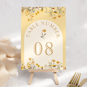 Gelbe Boho-Wildblumen-Hochzeit Tischnummer