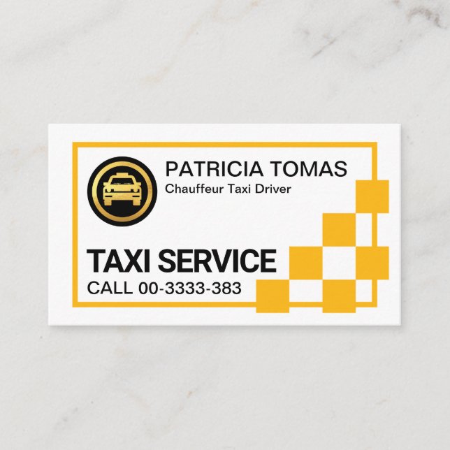 Gelbe Box mit kreativem Karo Rahmen Taxi Visitenkarte (Vorderseite)