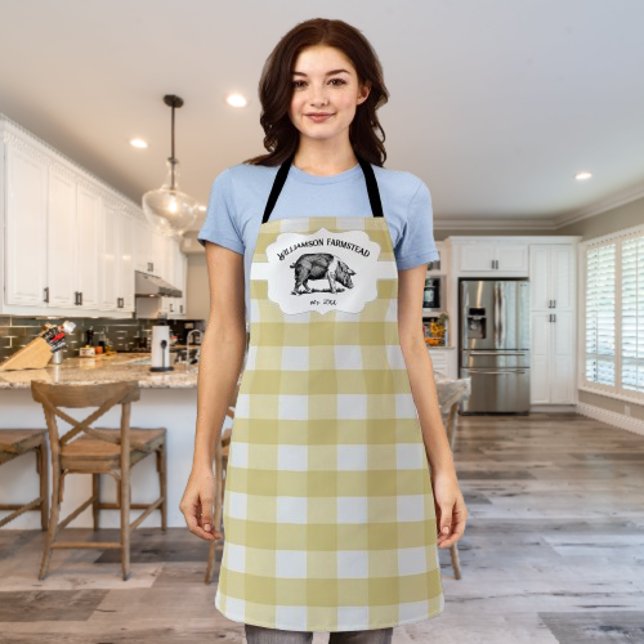 Gelbe Buffalo Karierte Farm Pig Schürze (Yellow Buffalo Plaid Farm Pig Personalized Apron)