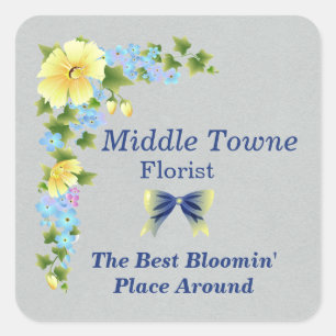 Gelbe Buttercups und blaue Iris-Square-Aufkleber Quadratischer Aufkleber