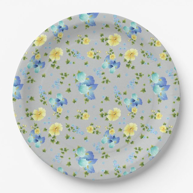 Gelbe Buttercups und blaues Irispapier Pappteller (Vorderseite)