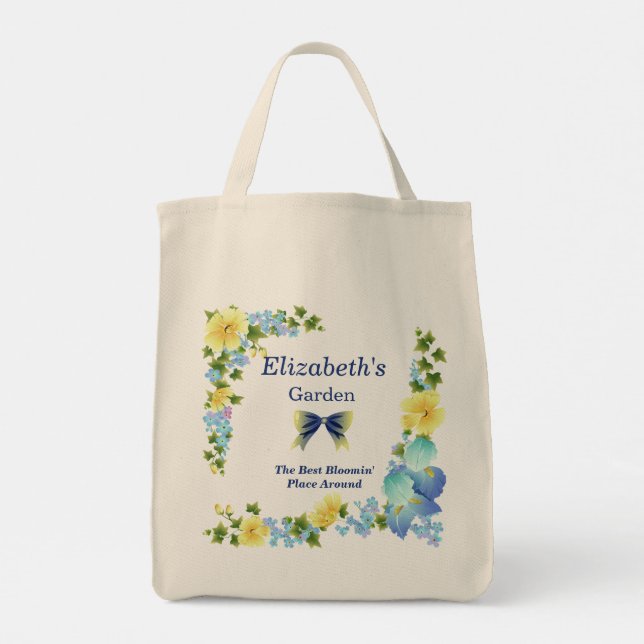 Gelbe Buttercups und Blue Iris Tote Bag Tragetasche (Rückseite)