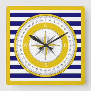 Gelbe Compass-Rose Blau und Weiß Streifen Quadratische Wanduhr