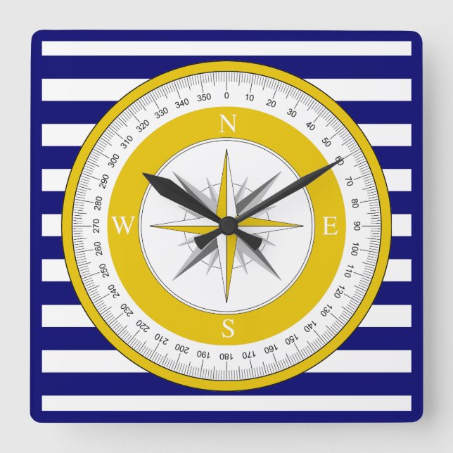 Gelbe Compass-Rose Blau und Weiß Streifen Quadratische Wanduhr (Vorderseite)