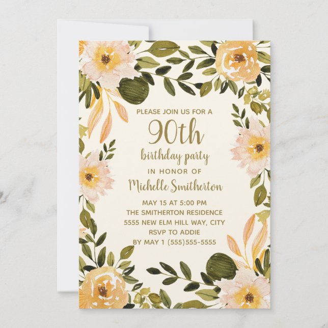 Gelbe Creme Blumengrün 90. Geburtstag Einladung (Vorderseite)