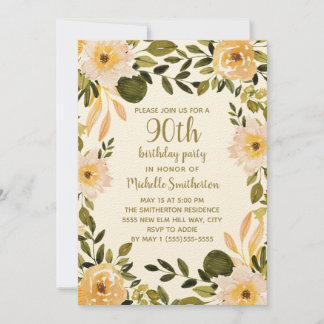 Gelbe Creme Blumengrün 90. Geburtstag Einladung