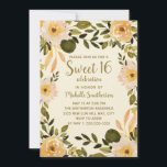 Gelbe Creme Blumengrün Süß 16 Einladung<br><div class="desc">Rustikal,  boho Stil floral Sweet 16 Geburtstagsparty individuelle Einladung mit gelben und cremefarbenen Aquarellfarben Blume auf einem bräunlichen Hintergrund.</div>
