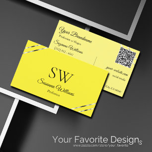 Gelbe Creme mit silbernen Linien Monogramm QR-Code Visitenkarte