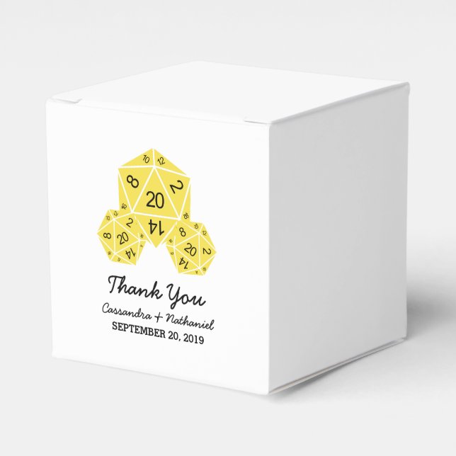 Gelbe D20-Würfel-Gastgeschenk Hochzeit Geschenkschachtel (Vorderseite)