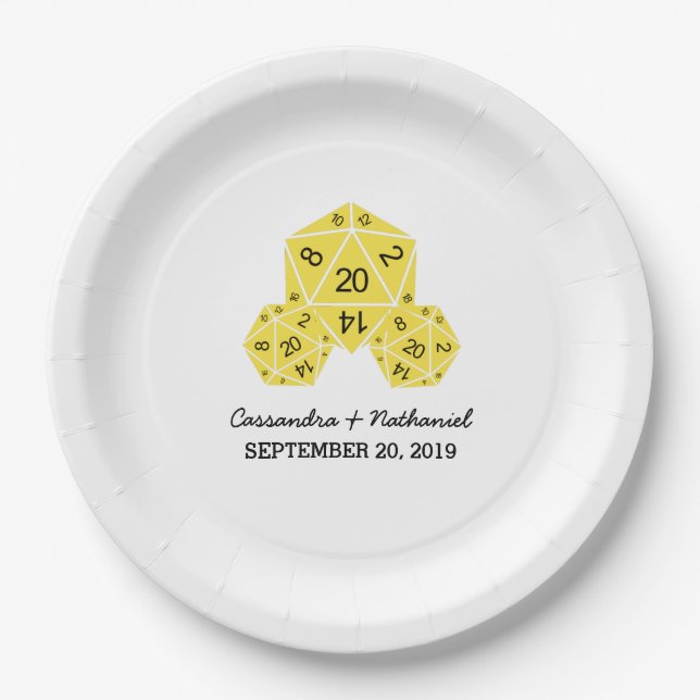 Gelbe D20-Würfel-Hochzeitspapier-Teller Pappteller (Vorderseite)