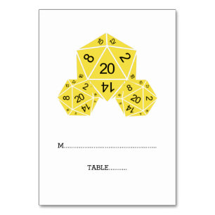Gelbe D20-Würfel-Platzkarte Tischnummer