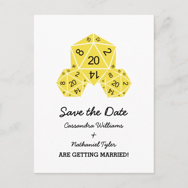 Gelbe D20 Würfel Save the Date Postkarte (Vorderseite)
