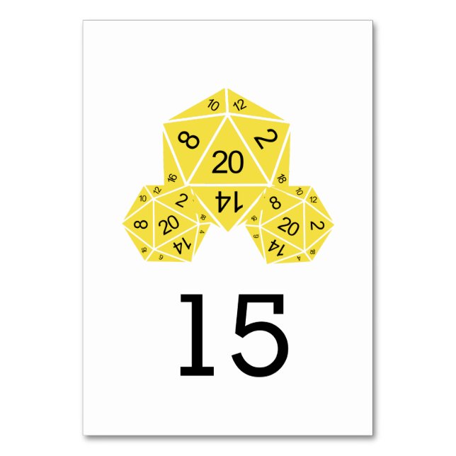 Gelbe D20-würzige Hochzeitskarte Tischnummer (Vorderseite)