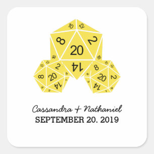 Gelbe D20-würzige Hochzeitskleber Quadratischer Aufkleber