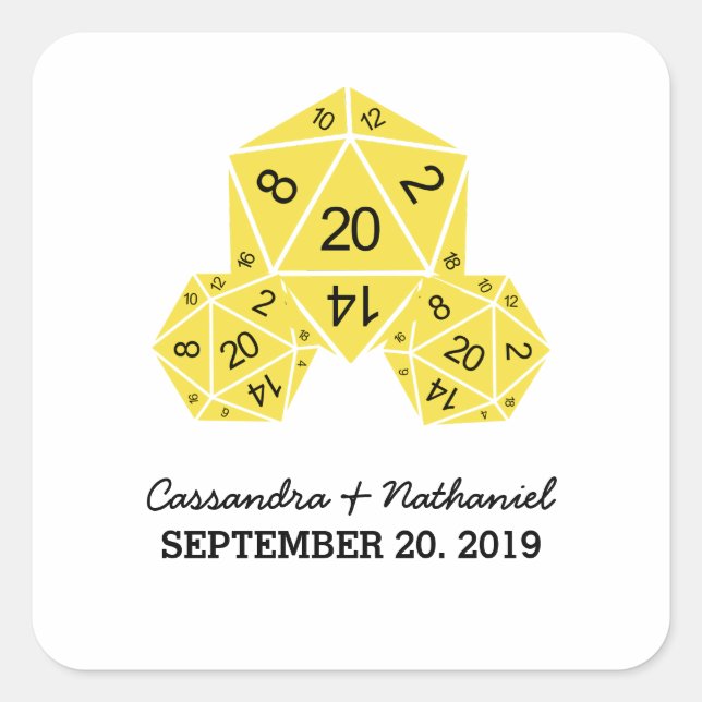 Gelbe D20-würzige Hochzeitskleber Quadratischer Aufkleber (Vorderseite)
