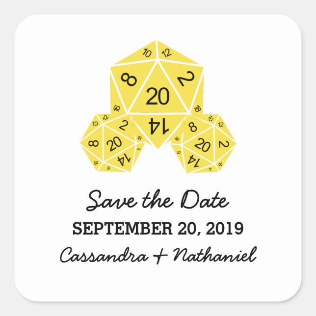 Gelbe D20-würzige Save the Date Aufkleber (Vorderseite)