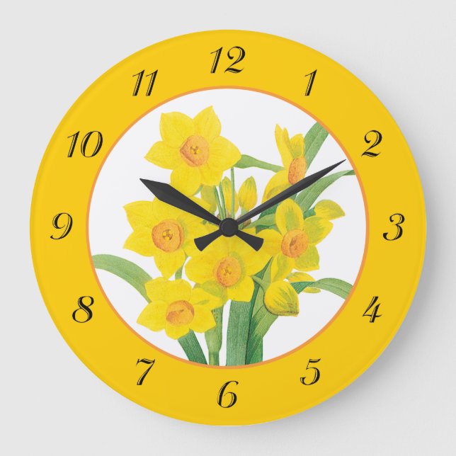 Gelbe Daffodien an der orangefarbenen Wand-Uhr Große Wanduhr (Vorderseite)