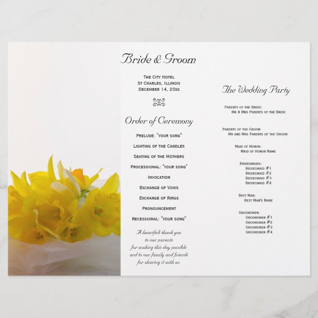 Gelbe Daffodien auf dem Programm für die Hochzeit  (Vorderseite)