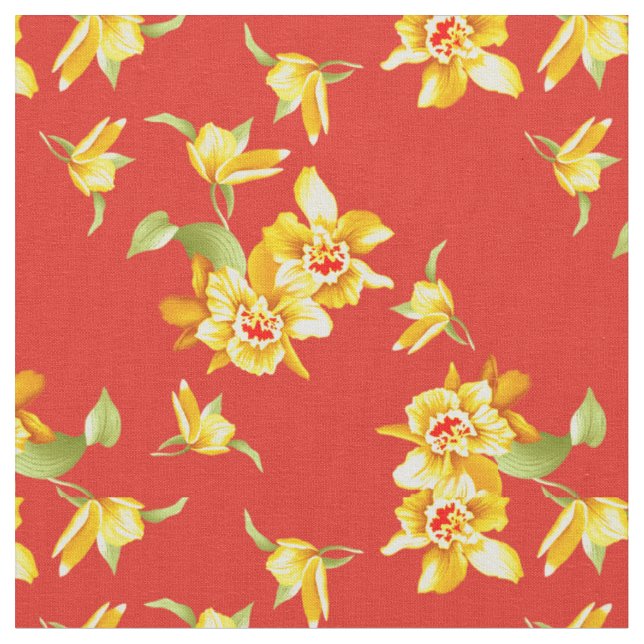 Gelbe Daffodien auf Rot Stoff (Nahaufnahme)