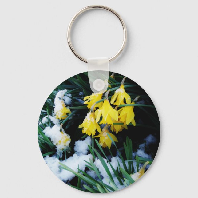 Gelbe Daffodien Blume im Schnee Schlüsselanhänger (Vorderseite)