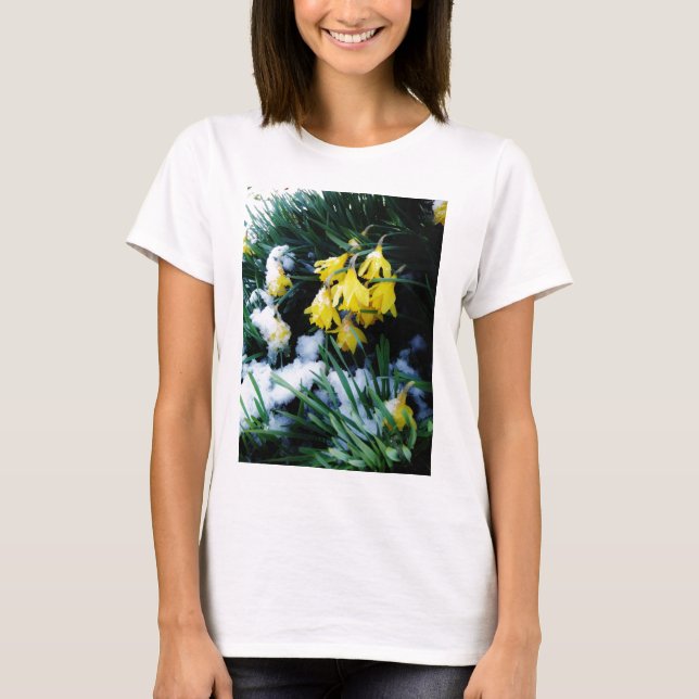 Gelbe Daffodien Blume im Schnee T-Shirt (Vorderseite)