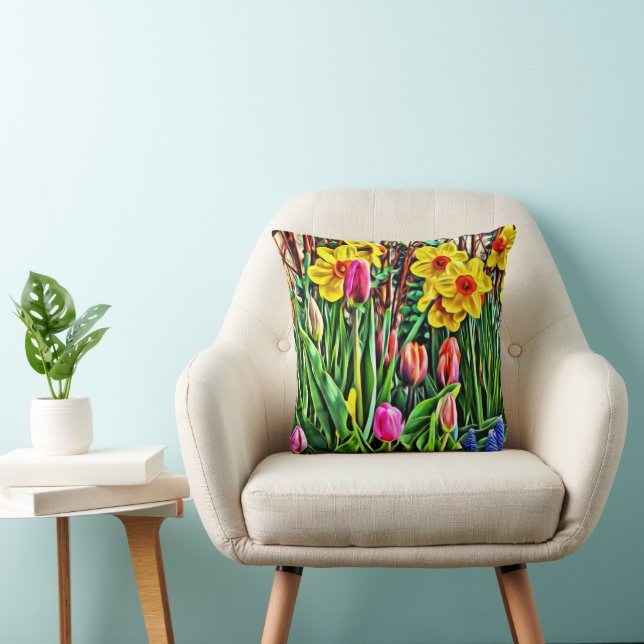 Gelbe Daffodien Lila Tulips Blaue Mascari Kissen (Stuhl )