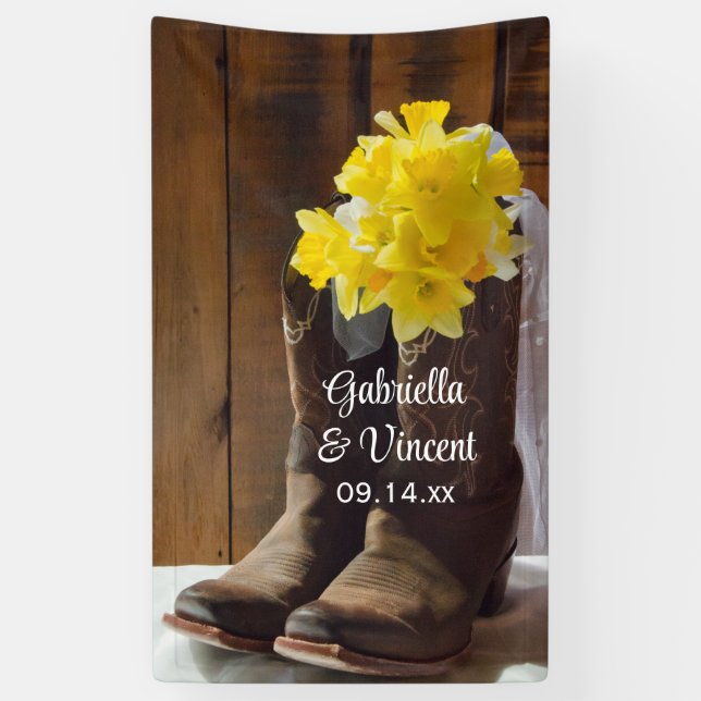 Gelbe Daffodien und Cowboy Boots Western Hochzeit Banner (Vertikal)