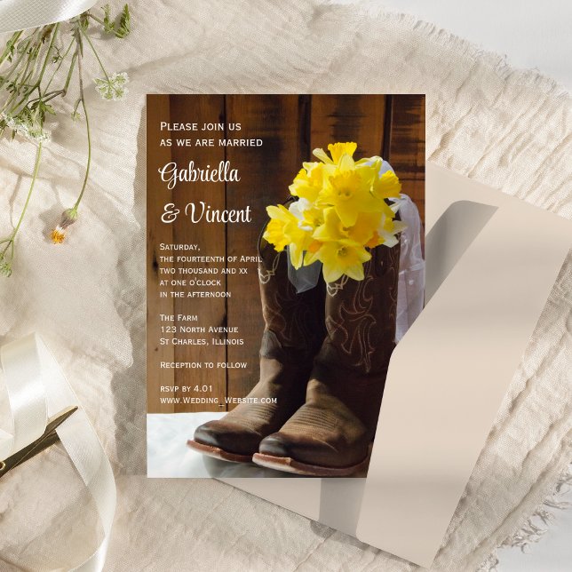 Gelbe Daffodien und Cowboy Boots Western Hochzeit Einladung (Von Creator hochgeladen)