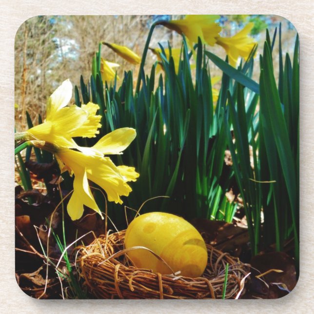 Gelbe Daffodien und ein Gelbes Osterei Getränkeuntersetzer (Vorderseite)