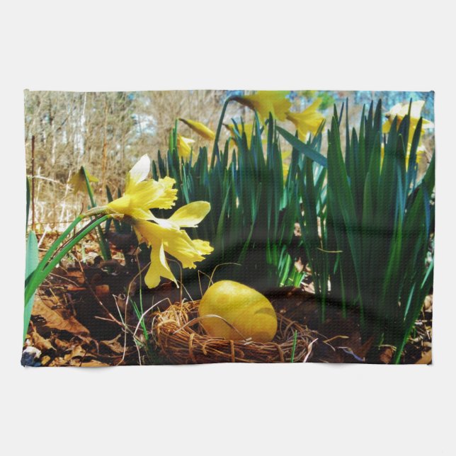 Gelbe Daffodien und ein Gelbes Osterei Küchentuch (Horizontal)
