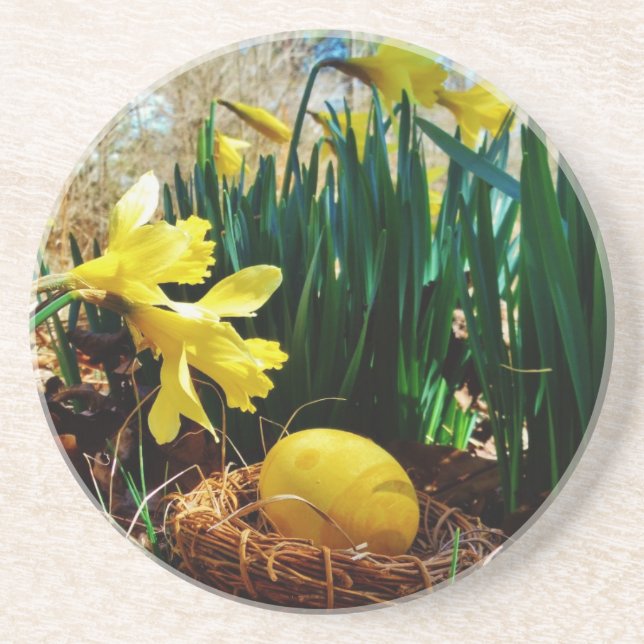 Gelbe Daffodien und ein Gelbes Osterei Sandstein Untersetzer (Vorne)