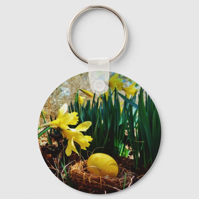 Gelbe Daffodien und ein Gelbes Osterei Schlüsselanhänger (Vorderseite)