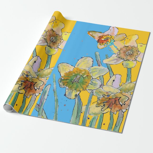 Gelbe Daffodil Blauer Frühling Blüten Wasserfarbe Geschenkpapier (Ungerollt)