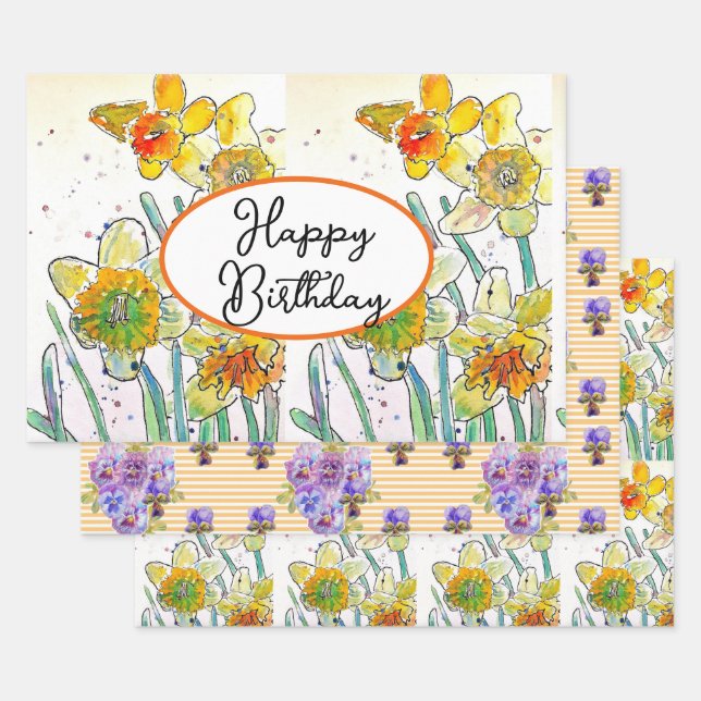 Gelbe Daffodin Affodin Blume Wasserfarbe Geschenkpapier Set (Set)