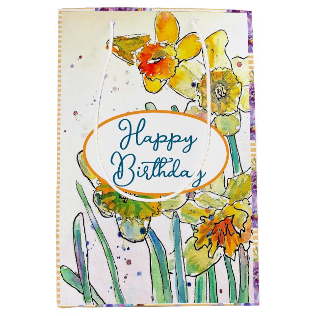 Gelbe Daffodin Affodin Blume Wasserfarbe Mittlere Geschenktüte (Vorderseite)