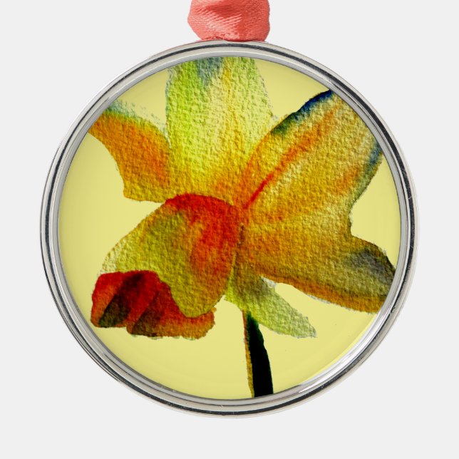 Gelbe Daffodische Aquarellkunst Frühlingskunst Blu Ornament Aus Metall (Vorne)