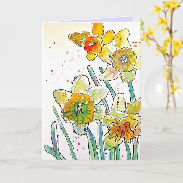 Gelbe Daffodische Frühlingssonne Blume Wasserfarbe Karte (Gelbe Blume)