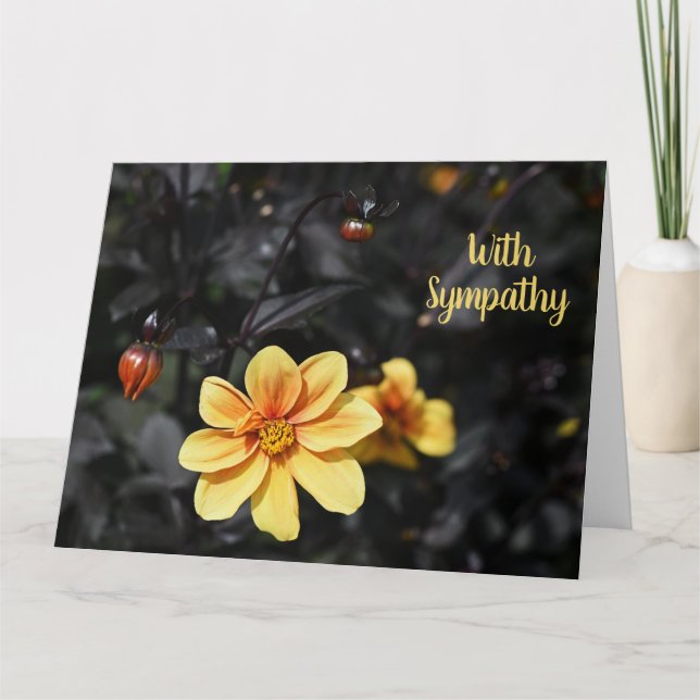 Gelbe Dahlia-Blume mit Beileid-Kondolenz Karte (Vorderseite)