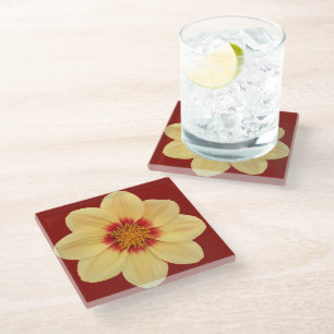 Gelbe Dahlie auf Ziegelrotem Floral Glasuntersetzer