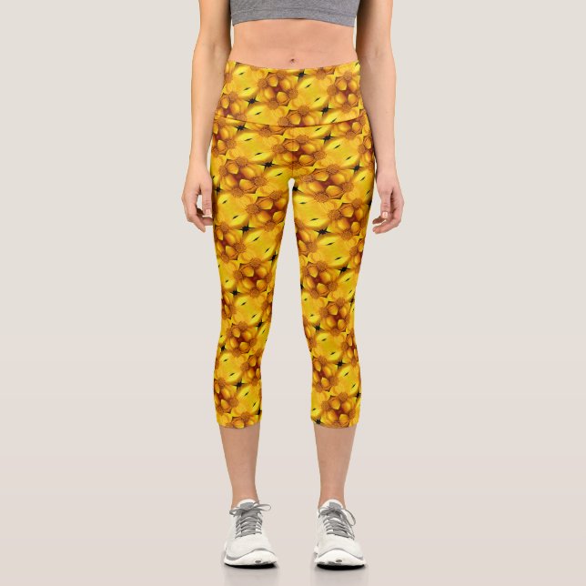Gelbe Daisy-Blume-Petalen und Mittelmuster Capri Leggings (Vorderseite)