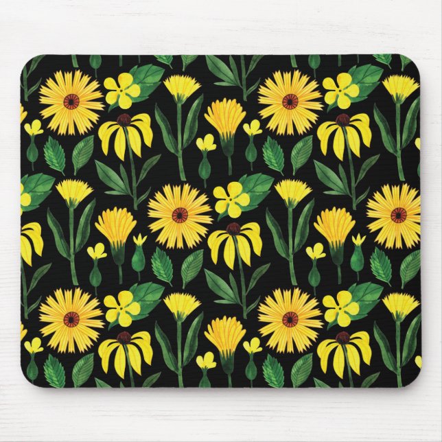 Gelbe Daisy-Kollektion auf schwarz Mousepad (Vorne)