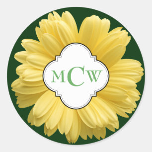 Gelbe Daisy, mein Monogramm grün Runder Aufkleber