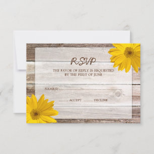 Gelbe Daisy Scheune Holz Hochzeit RSVP Antwortkart Karte