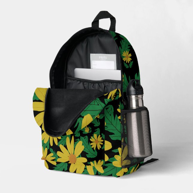Gelbe dunkle Blume mit grünen Blätter Case-Mate Bedruckter Rucksack (Rückseitige Ecke links (Offen) )