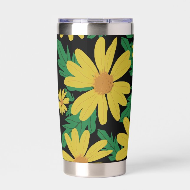 Gelbe dunkle Blume mit grünen Blätter Case-Mate Thermobecher (Vorderseite)