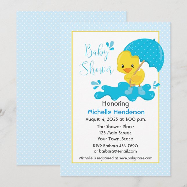 Gelbe Dusche, Regenschirm, Blue Polka Dots Baby Du Einladung (Vorne/Hinten)