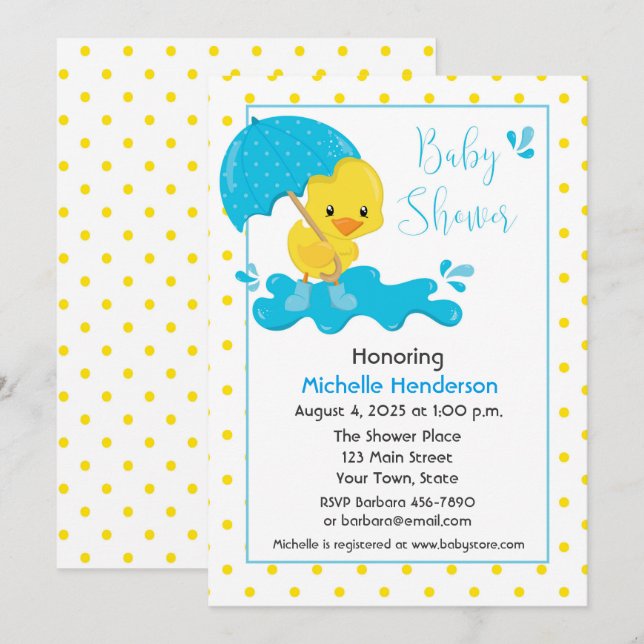 Gelbe Dusche, Regenschirm und Polka Dots Baby Dusc Einladung (Vorne/Hinten)