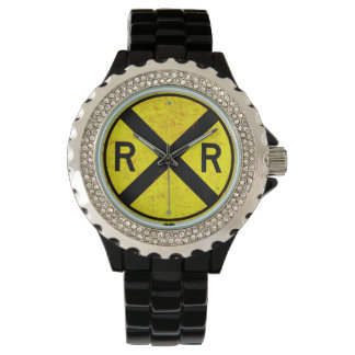 Gelbe Eisenbahn-Überquerung Signatur Armbanduhr