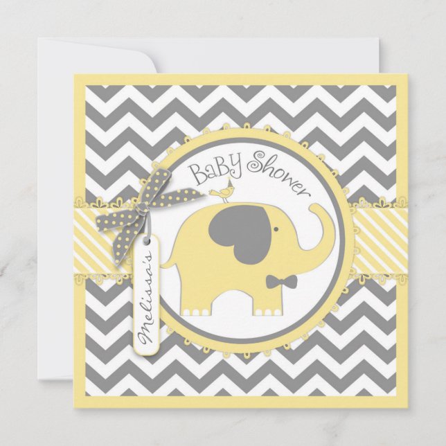 Gelbe Elefant Bow-Krawatte Zickzack Print Baby Sho Einladung (Vorderseite)