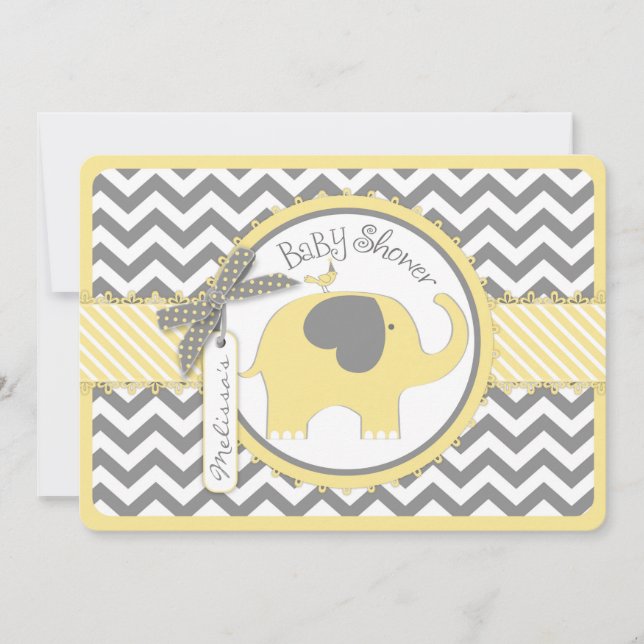Gelbe Elefant Zickzack Print Baby Dusche Einladung (Vorderseite)